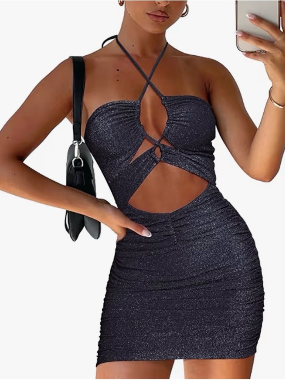 Women's Black Shimmer Cutout Halter Bodycon Dress